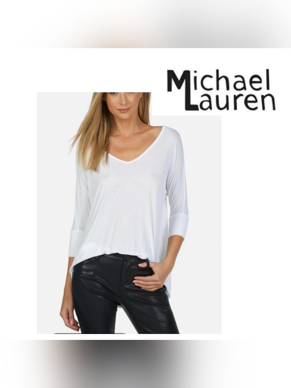 Michael Lauren Dylan Core V-Neck Draped Tee. RIB-WHT-XS. New